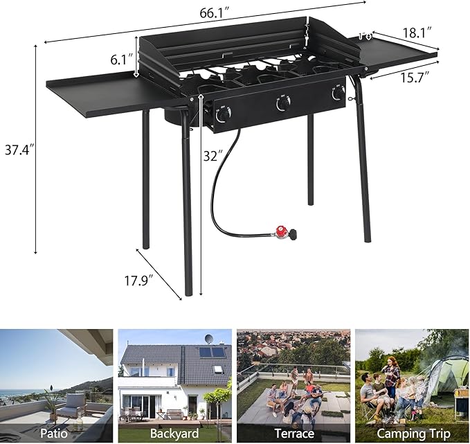 Bonnlo 3 Burners Propane Gas Stove, 225,000 BTU Portable Outdoor Camp Cooker Stove with Regulator, Side Shelves, Foldable Windpanel, Adjustable Height & Carrying Bag for Backyard, Camping, Tailgating