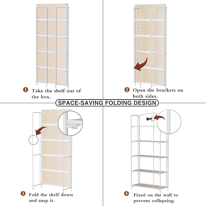 Crofy No Assembly Folding Bookshelf for Living Room, 5 Tier White Collapsible Book Shelf for Home Office, Portable Bookcase Storage Organizer