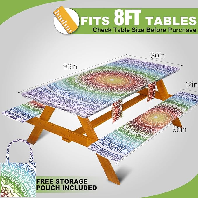Picnic Table Cover with Bench Covers Vinyl Elastic Edges Fitted Rectangle Seat Tables Waterproof 3-Piece96X30in Set Outdoor Rectangular Folding Backing Tablecloth for Camping Over SizeTie-Dye 104