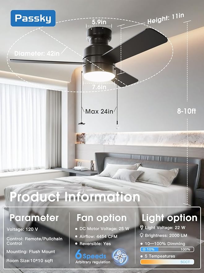 Ceiling Fans with Lights, 42 inch Low Profile Ceiling Fan with Pull Chain and Remote Control, Flush Mount, Reversible, 5CCT, Dimmable, Noiseless, Black Pull Cord Ceiling Fan for Bedroom