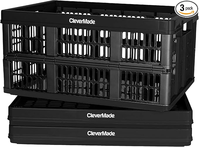 CleverMade Collapsible Utility Crates-Obsidian 3pck 45L / 11 Gal holds 66 lbs - Stackable Containers Heavy Duty Capacity Crates Space-Saving Baskets