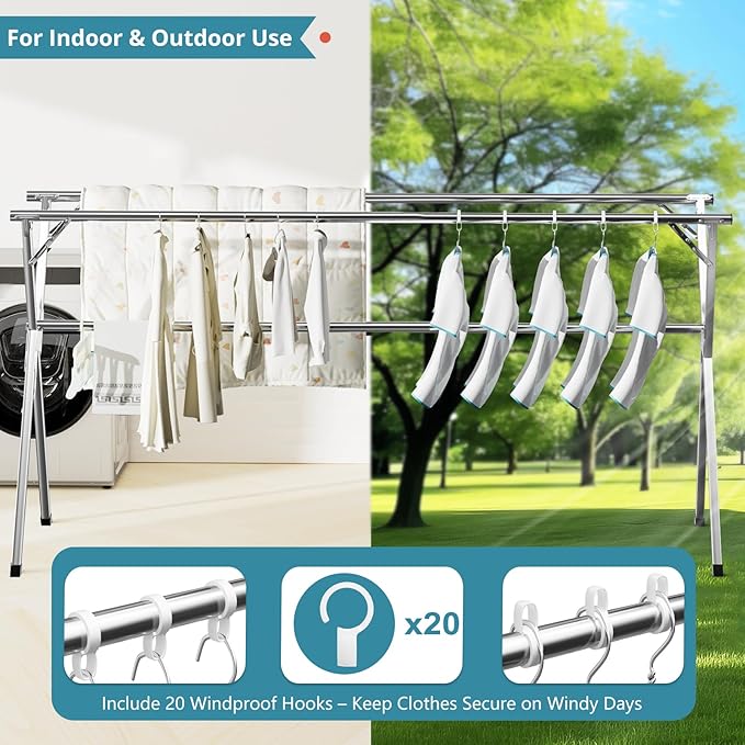 JAUREE 95 Inches Clothes Drying Rack, Drying Rack Clothing Folding Indoor Outdoor, Heavy Duty Stainless Steel Laundry Rack, Foldable Portable Large Clothes Rack Garment Rack with 20 Windproof Hooks