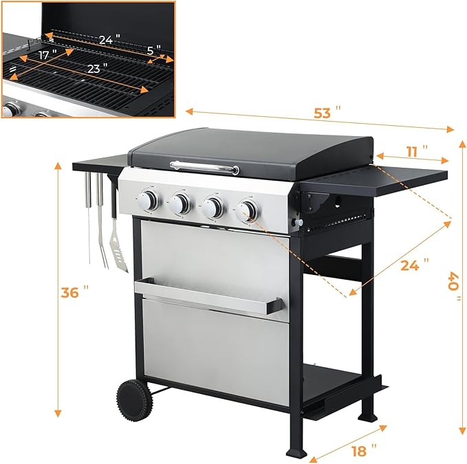 4 Burner Propane Grill with Built-in Thermometer, Durable Lid, Wheels, Foldable Side Tables, Stainless Steel Grilling Pan, 49,200 BTU Gas Grill for Patio, Garden Barbecues