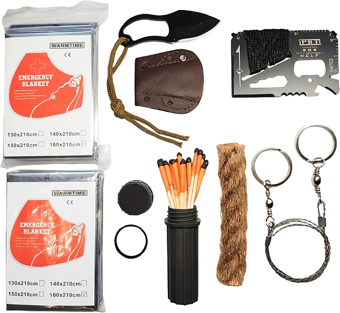 Survival Kit with Windproof Matches (2.6") in Waterproof Case – 2 Thermal Blankets, Fire Rope (1.2"x5.2"), Mini Knife, Wire Saw, 14-in-1 Tool – Bug Out Bag Gear for Camping, Emergency