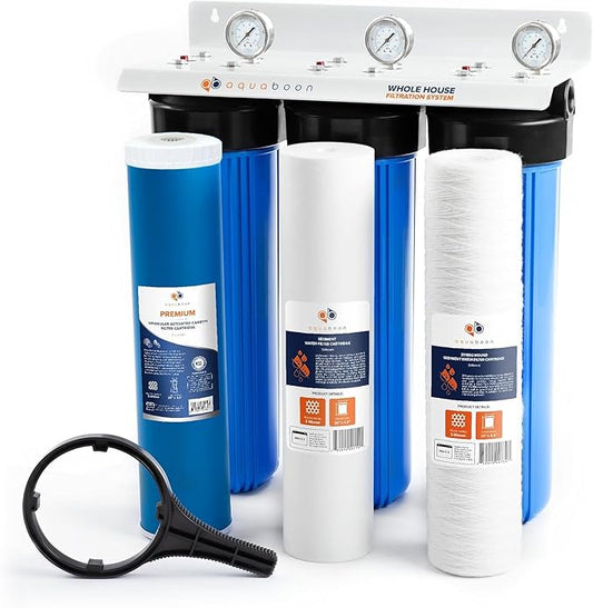 Aquaboon 3-Stage Whole House Water Filter System with Chlorine & Sediment Reducing 20x4.5 Water Filter Cartridges, Gauge & Release, Wrench, Bracket