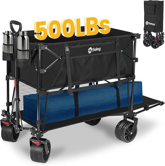 400L Large Capacity Folding Double Decker Wagon with Brakes, 50" Extra Long Extender Cart, 500lbs Heavy Duty Collapsible Wagons, All-Terrain Big Wheels for Camping, Sports, Shopping. Black