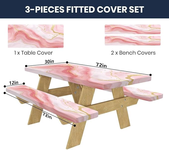 CAPSCEOLL Fitted Picnic Table Cover with Bench Covers with Elastic 6Ft Waterproof Camping Picnic Table Cover Cloths for Outdoors Camping Tablecloth with Drawstring Bag, 72X30in, Pink Marble