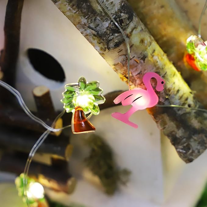 Flamingo&Palm Tree Fairy Lights 30 LED Copper String Lights with Remote Control & Battery Operated Flamingos Lights for Christmas, Summer Tropical Beach Hawaiian Decor