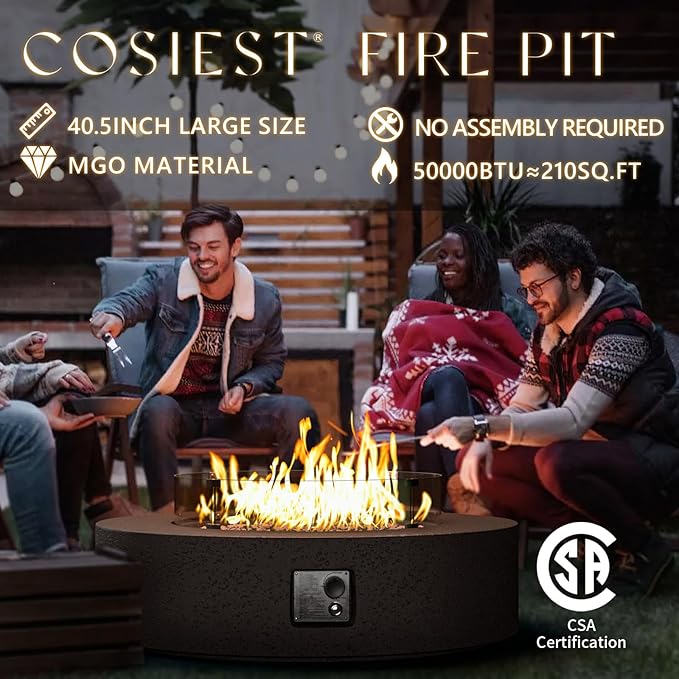 COSIEST 42 inch Outdoor Propane Fire Pit Coffee Table w Concrete Round Base Patio Heater, CSA Certified, 50,000 BTU Stainless Steel Burner, Free Lava Rocks, Wind Guard, Rain Cover