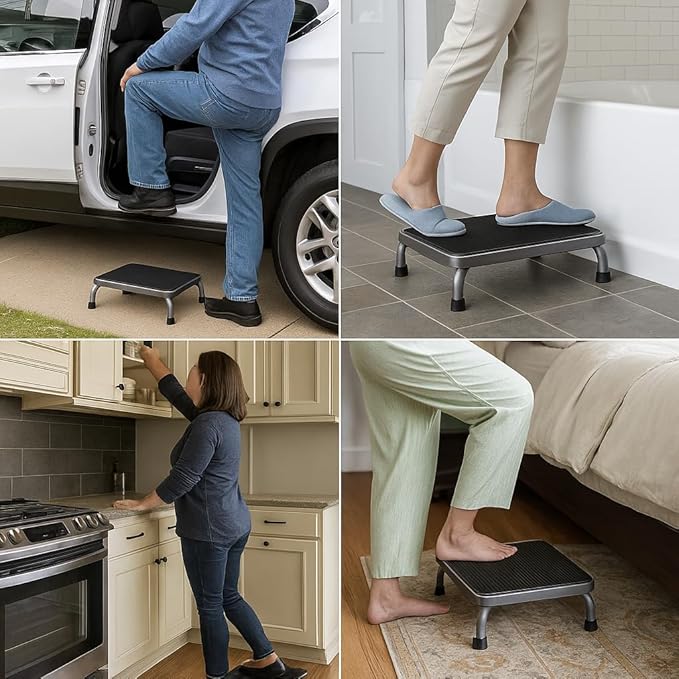 Heavy-Duty Step Stool with Carry Handle – 4.1" Low Foot Stool, Non-Slip Rubber Platform, 500lb Capacity – Portable Safety Step for Seniors, Adults, Bathroom, Bed, SUV – Gray, 17"x13"