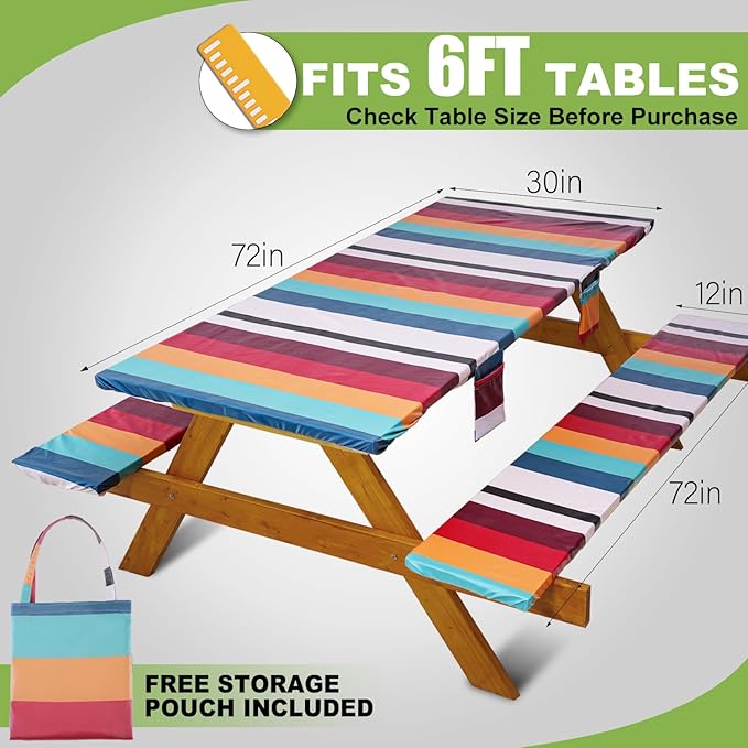 Fitted Picnic Table Cover with Bench Covers Waterproof Elastic Edges Rectangle Patio Tablecloth Outdoor Camping Essentials Stuff Rv Accessories Summer Trip Travel Supplies Party Camper Gifts, 6 ft