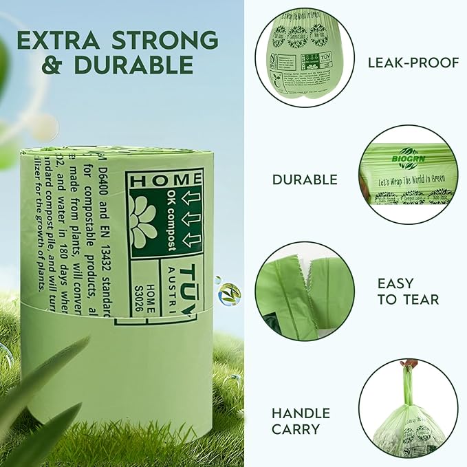 10-13 Gallon Compostable Trash Bags with Handles 30 Bags compost bags Food Scrap Green Waste Bags Thick 0.87 Mil 49.21 Liter ASTM D6400, US BPI and OK Compost Home Certified