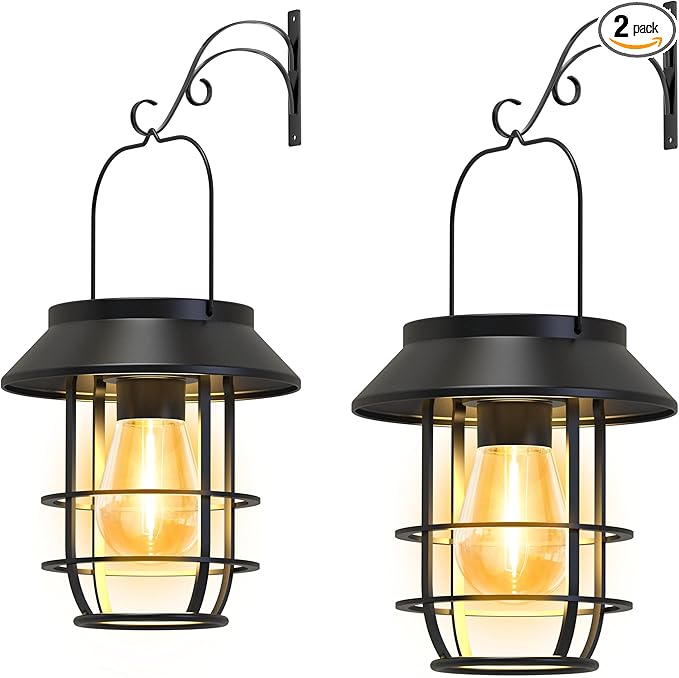 Solar Lanterns Outdoor Waterproof, High Brightness Hanging Solar Lights for Outside with Wall Hooks, Halloween Decor Retro Metal Outdoor Lanterns Auto On/Off for Patio, Yard Decor, Black,2Pack