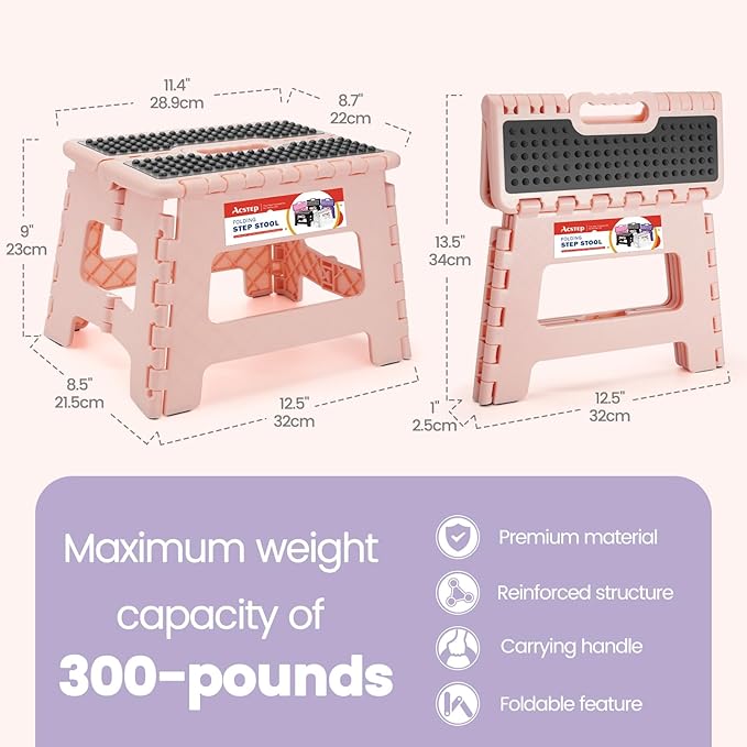 ACSTEP 9 Inch Folding Step Stool 300 LB Capacity Non Slip Foot Stool with Handle Plastic Foldable Step Stools for Kids Stepping Stool for Bathroom Black Small Step Stool (1 PC Pink)