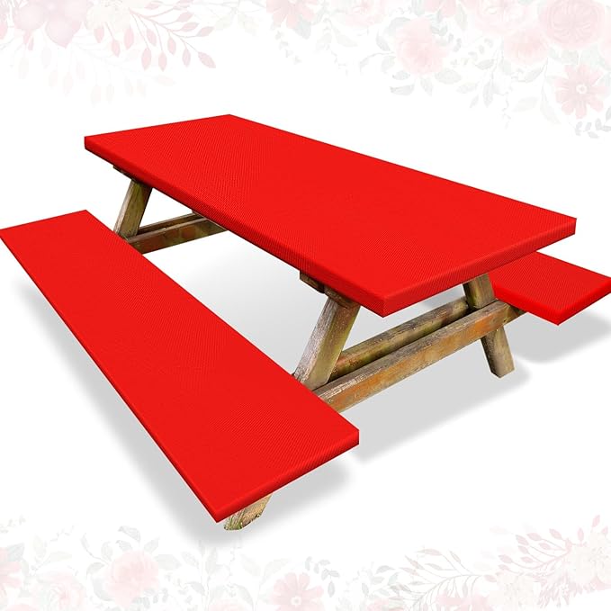 Irenare 3 Pcs Picnic Table and Bench Fitted Tablecloth Cover for 6 Ft Table 30 x 72 Inch Vinyl Fitted Elastic Edges Waterproof Wipeable Tablecloth for Indoor Outdoor Picnics Patio Camping (Red)