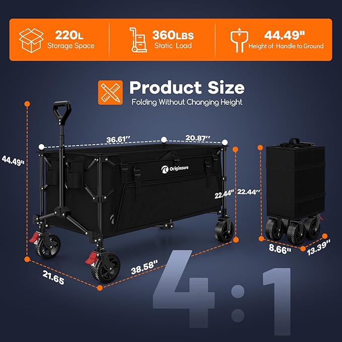 38" L Collapsible Wagon Cart Foldable, 360LB Load Capacity 220L Heavy Duty Folding Beach Wagons with All-Terrain Wheels, Utility Carts for Camping, Sports, Shopping, Groceries - Black