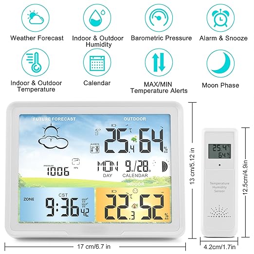 Home Weather Station Wireless Indoor Outdoor Thermometer, Portable Digital Weather Clock Atomic, Bluetooth Color Forecast Station, Multiple Sensors Weather Monitor with Alarm (1 Remote)