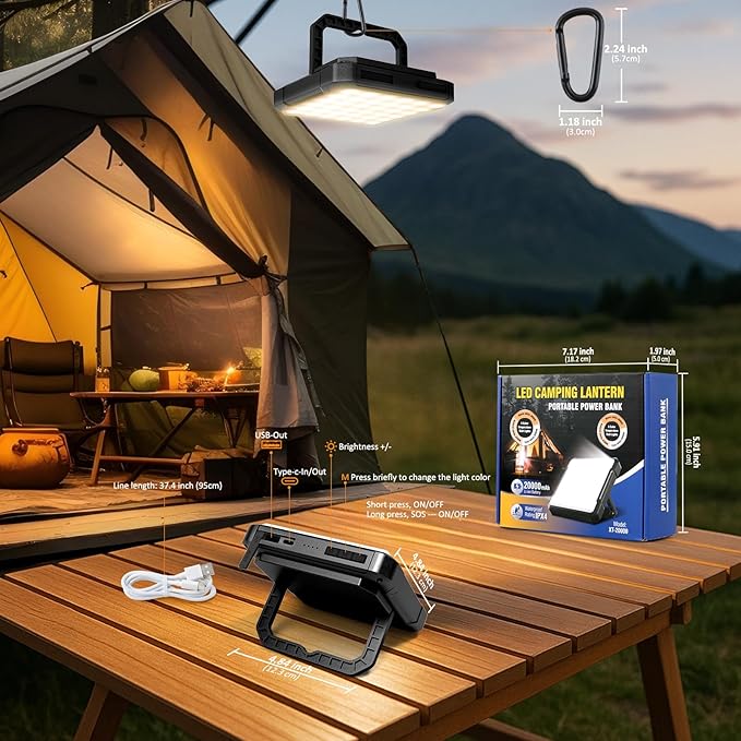 20000mAh Rechargeable Camping Lantern, Battery Powered LED Camping Lights, 1300LM Ultra Bright, 36H Runtime, 4 Modes, IPX4 Waterproof Tent Light Portable for Outdoor, Emergency, Blackout Survival Gear
