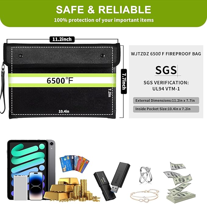 6500°F Fireproof Document Bag,Upgraded Fireproof Money Bag with Waterproof Zipper,10 Layers Heat Insulated Materials/Reflective Strip with Handle for Important Documents