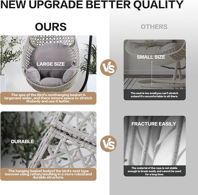 Hanging Egg Chair with Stand, Wicker Egg Swing Chair PE Rattan Hanging Chair Comfort Cushion, 350LBS Capacity for Indoor Bedroom Outdoor Porch Garden (Grey)