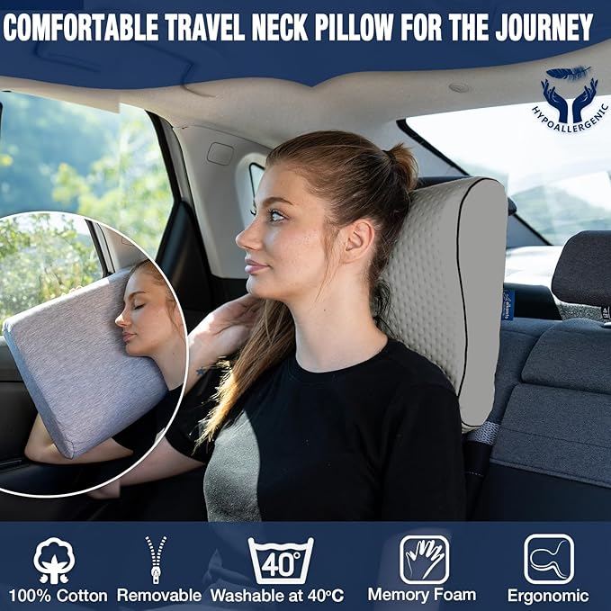 Memory Foam Pillow for Travel and Camping with Extra Cotton Cover – Easy to Carry Portable Bag (Grey Contour)