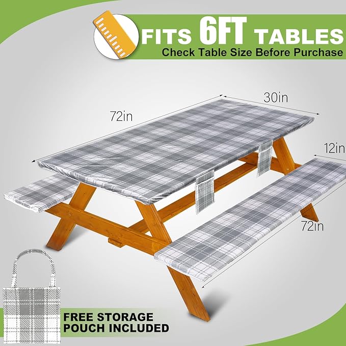 Fitted Picnic Table Cover with Bench Covers Waterproof Elastic Edges Rectangle Patio Tablecloth Outdoor Camping Essentials Stuff Rv Accessories Summer Trip Travel Camper Gifts for Woman Men, 72in 6 ft