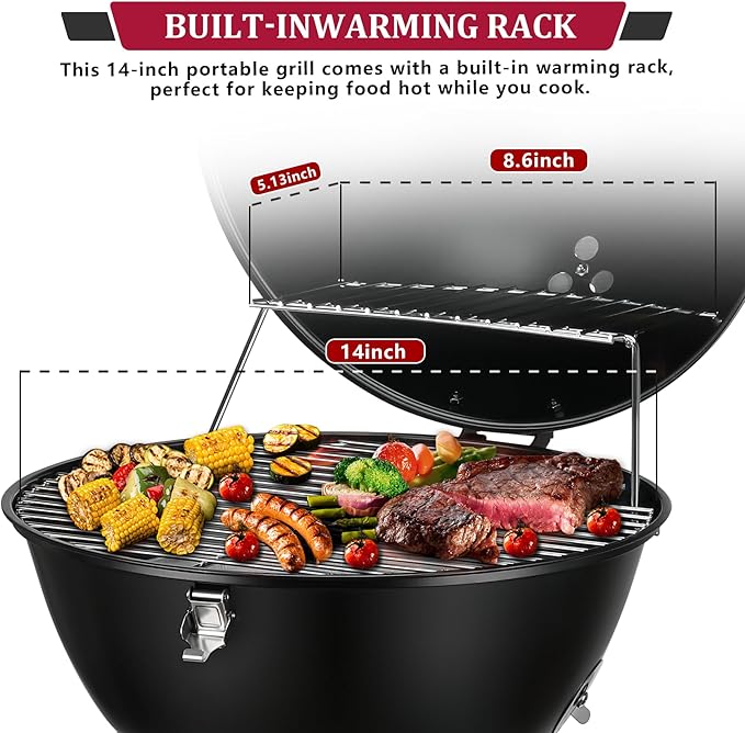 14inch Portable Charcoal Grill with Warming Rack, Small bbq Charcoal Grill Tabletop Foldable Grills for Backyard, Camping, Black