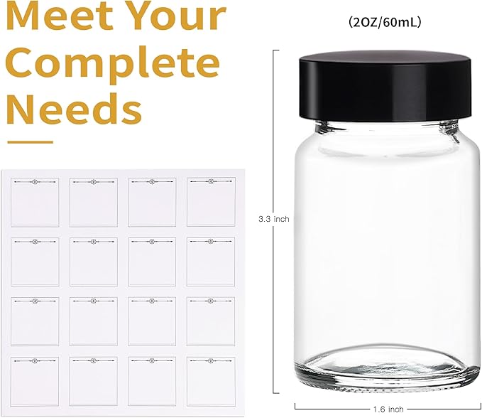 16 Pack 2 oz Glass Shot Bottles with Black Lids & Labels, Wide Mouth 60 ml Small Glass Bottles for Ginger, Leakproof Travel Mini Clear Jars for Wellness Shot, Juice - Dishwasher Safe