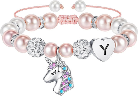 Hidepoo Unicorn Bracelet Gifts for Girls - Adjustable Pink Pearl and Rhinestone Balls Heart Initial Unicorn Bracelets Jewelry CZ Unicorn Bracelet Birthday Gifts for Girls