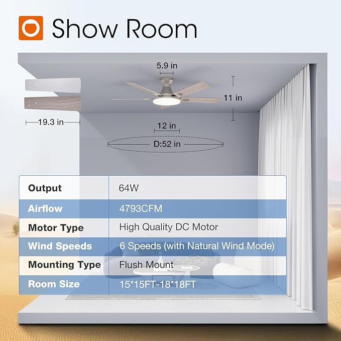 addlon Ceiling Fans with Lights, 52 inch Flush Mount Ceiling fan with Remote Control, Wall Remote, Reversible, 5CCT, Dimmable, Noiseless DC Motor, Nickel Low Profile Ceiling Fan for Bedroom, Farmhouse