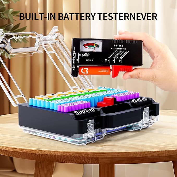 Battery Organizer Storage Holder Box Case with Tester, Stores & Protects Up to 260 Batteries, Double-Clear Locking Lid, Holds AA AAA C D and More (Not Includes Battery Pack) - Black