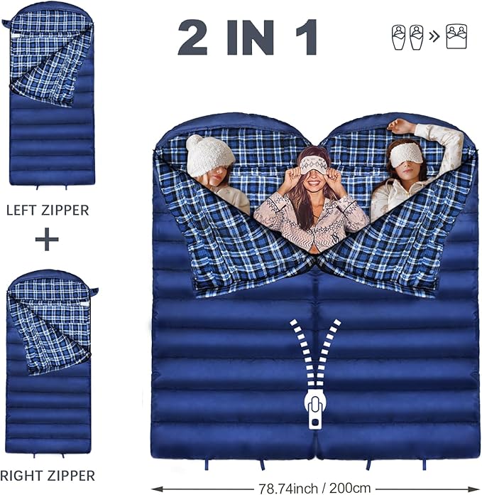 0 Degree Sleeping Bag 100% Cotton Flannel XXL Cold Weather Winter Oversized Sleeping Bag for Adults Camping Zero Degree Big and Tall with Compression Sack