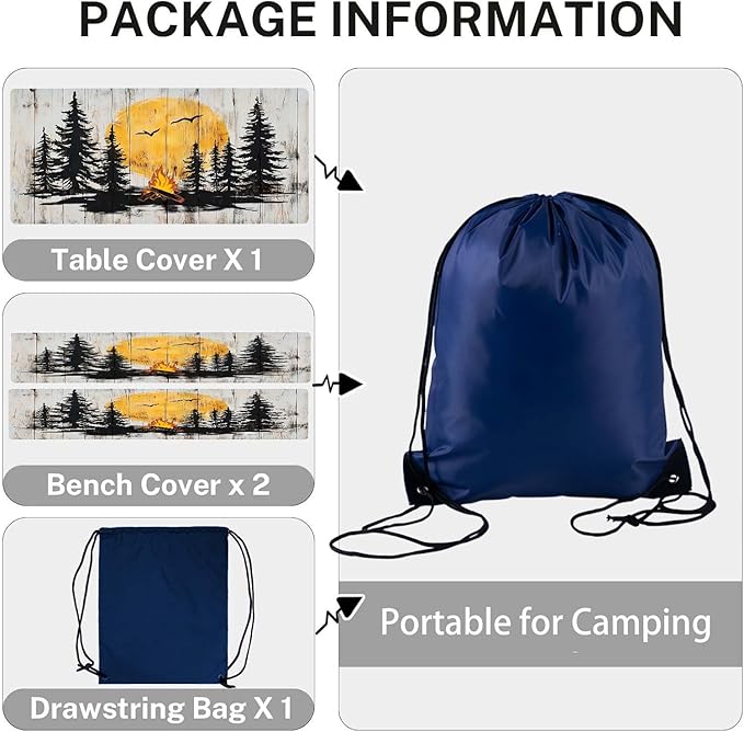 CAPSCEOLL Fitted Picnic Table Cover with Bench Covers with Elastic 8Ft Waterproof Picnic Table Cloths Windproof Outdoor Camping Tablecloth with Drawstring Bag, 96X30in, Camping on Wood