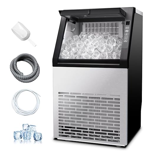 80 lbs/24H Commercial Ice Maker,48 Cubes/11mins, 15 lbs Ice Storage Capacity, Counter Ice Maker Self Cleaning, 24 Hour Timer Stainless Steel Freestanding Ice Maker Machine (120lbs/day)
