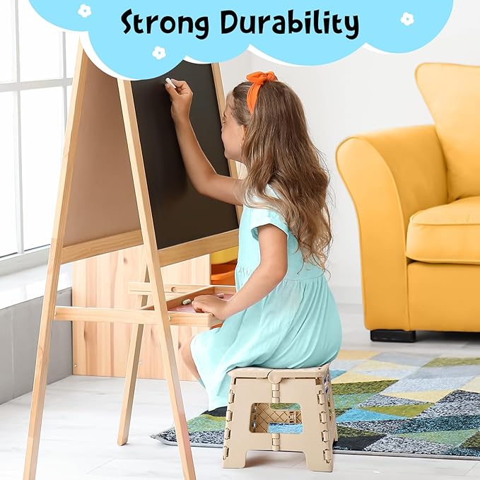 ACKO Folding Step Stool 9 Inch 300 lb Capacity, Plastic Foldable Step Stools for Kids and Adults, Folding Stools Suitable for Kitchen, Stepping Stool with Handle Khaki 1PC