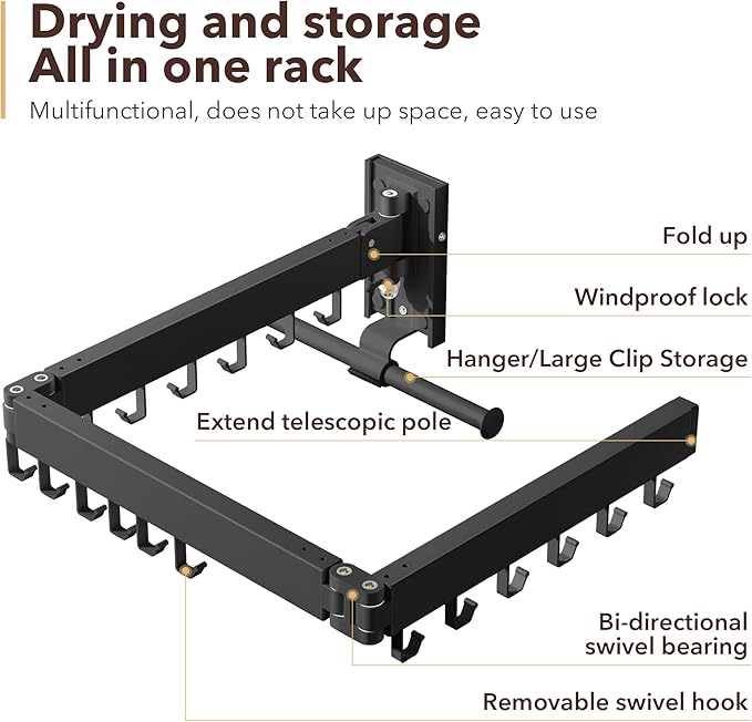 Clothes Drying Rack,Laundry Drying Rack Wall Mount, Wall Mounted Clothes Rack,Retractable,Collapsible(Tri-Fold),Drying Rack Clothing,can Fold Upward & Left & Right,Space Saver, White Color