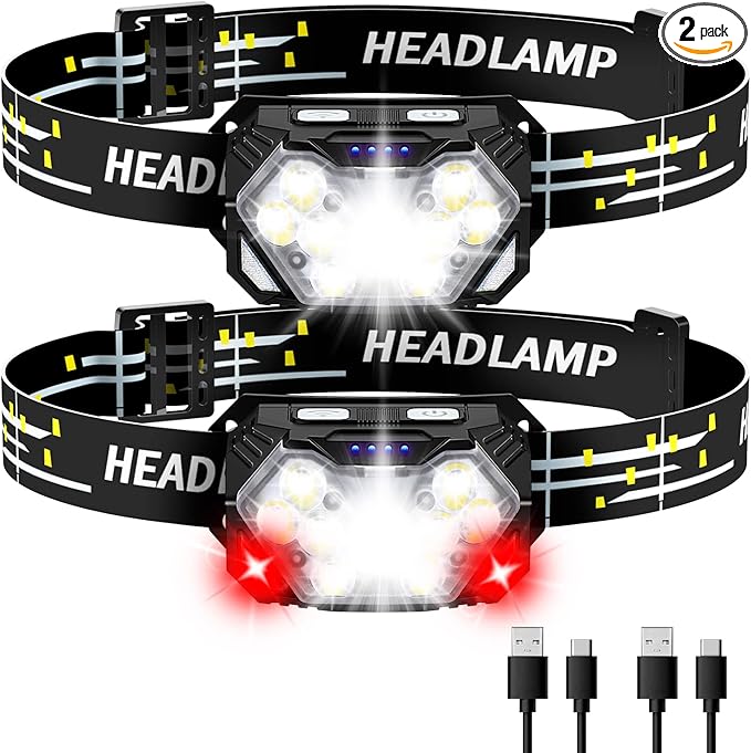 2000LM Ultra Bright 9 LED Headlamp, 2 Pack USB C Rechargeable Headlights, 10 Modes, Motion Sensor, Waterproof Head Lamp Flashlight with Red Light, Adjustable Headband for Adults Camping