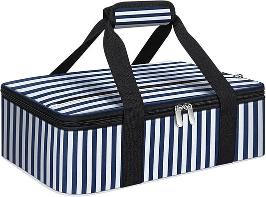 Insulated Casserole Carrier, Portable Casserole Carrier for Hot or Cold Food Lunch Tote Warmer or Cooler Bag, Lasagna Lunch Bag for Potluck Parties- Fits 9" x 13" Baking Dish-Blue Stripes