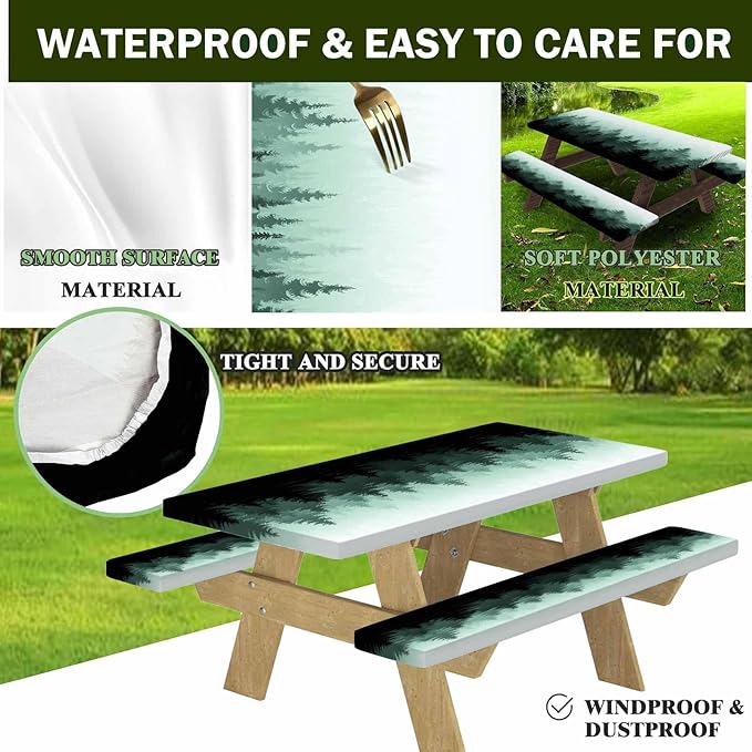 CAPSCEOLL Elastic Picnic Table Cover with Bench Covers 5Ft Waterproof Fitted Picnic Table Cover Cloths for Outdoors Camping Tablecloth with Drawstring Bag, 60X30in, Green Forest