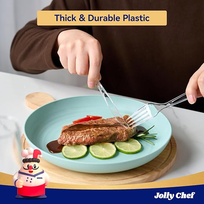 JOLLY CHEF 300 Count Clear Plastic Forks Heavy Duty, 7.1" Heat Resistant Solid and Durable Plastic Forks Disposable, Disposable Bulk Cutlery Perfect for Parties Supply Events Everyday Use