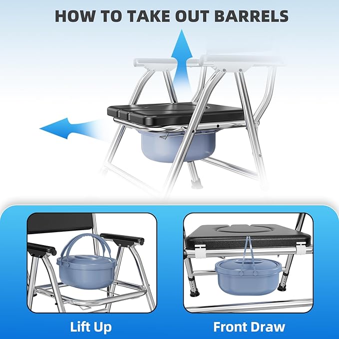 4 in 1 Folding Bedside Commode Chair for Elderly with Arms and Back,Adjustable Height Raised Toilet Seat with Handles,Adults Potty Chair for Seniors,Disabled Holds Up to 350 lbs (PU Soft Seat)