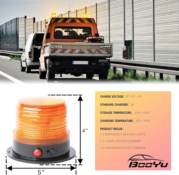 BooYu 2-Pcs Battery Operated Amber Warning Beacon Light w/Magnetic Base, Portable Rechargeable Mini Roadside Roof Top Plow LED Strobe Emergency Flash Mail Lights for Trucks/Trailer/Vehicle