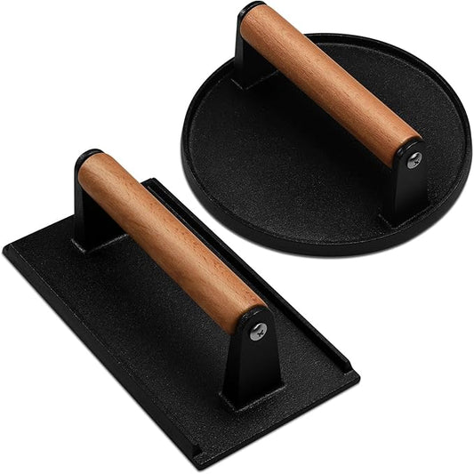 EWFEN Cast Iron Smash Bacon Press Meat Steak with Wood Handle, Burger Press(Round & Rectangle with Flat Bottom)