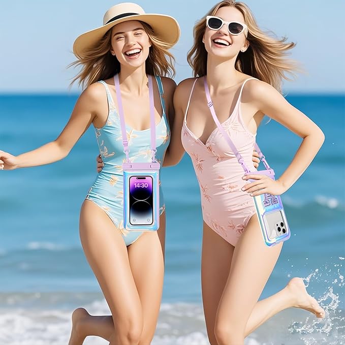 Waterproof Phone Pouch Floating, IPX68 Waterproof Phone Case with Lanyard for iPhone 16 15 14 13 12 Pro Max Samsung S25 S24 S23 S22, Up to 7 Inch, Beach Vacation Essentials, Sparkling Purple Letter