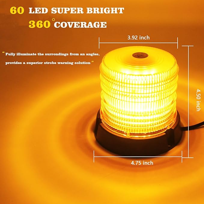60 LED Amber Magnetic Strobe Light, 12-24V Rooftop Warning Flashing Light, Emergency Beacon Light for Pickup Truck, Forklift, Engineering Vehicles and Golf Carts