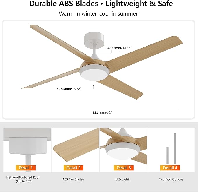 52 Inch Ceiling Fan with Light and Remote, 4 Blades, Quiet DC Motor, Reversible Fan with Dimmable LED Light, for Bedroom Living Room(Grain)