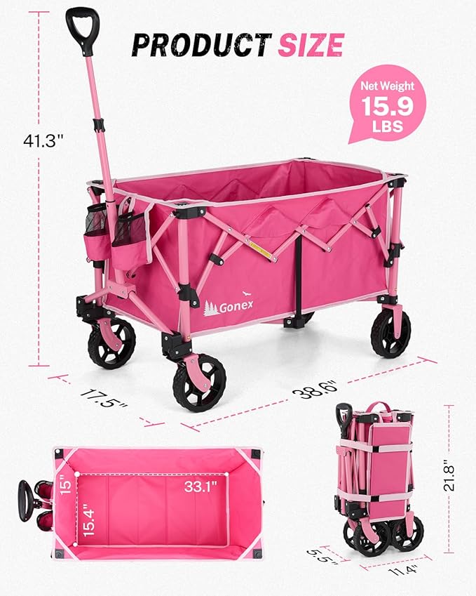 Gonex 38''L Extra Long Collapsible Foldable Wagon Cart with 360lbs Weight Capacity, 220L Folding Utility Garden Cart with Detachable Wheels for Grocery Sports Shopping Camping - Pink