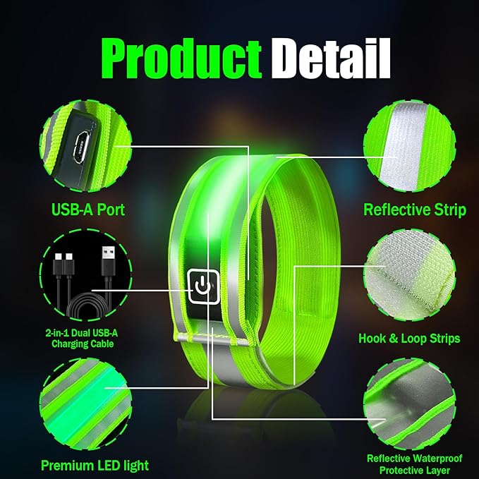 2 Pack Rechargeable LED Armbands for Running, High Visibility Reflective Running Gear, 6 Colors Light Up Armbands for Night Walking, Running Lights, Running Gift for Men Women