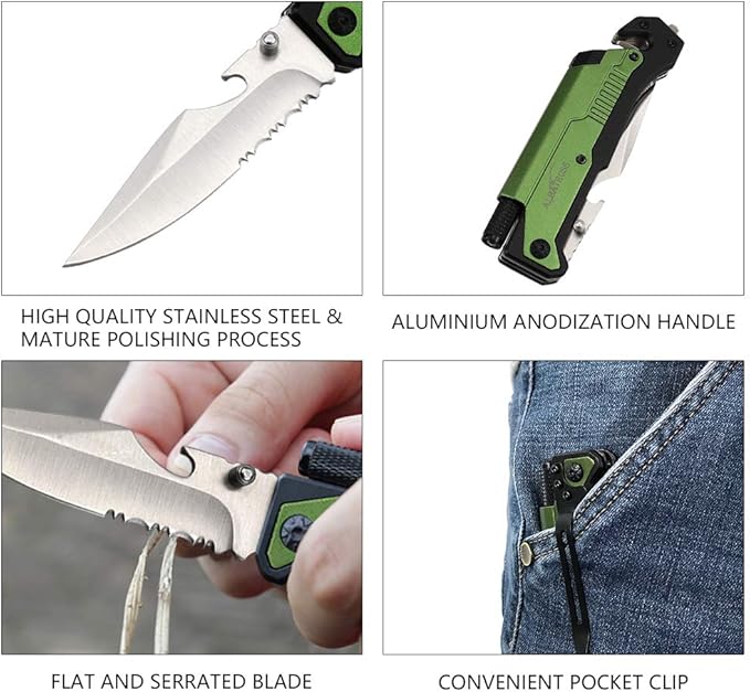 ALBATROSS Best 6-in-1 Survival Tactical Military Folding Pocket Knives with LED Light,Seatbelt Cutter,Glass Breaker,Magnesium Fire Starter,Bottle Opener;Multi-Function Emergency Tool(Green-SA)