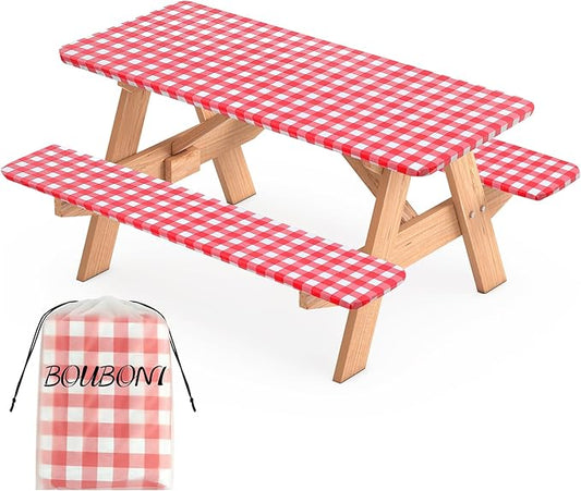 3 Pcs Set Fitted Picnic Table Cover with Bench Covers Vinyl Camping Table Cloth Flannel Backing for 6ft Tables Camping Outdoor (Red Checked, 30 x 72 Inches)